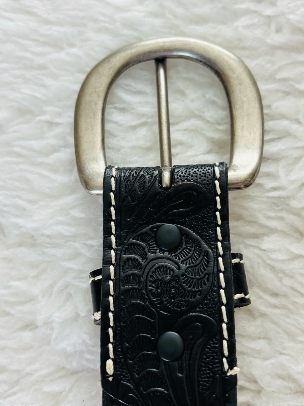 Classic Black Embossed Leather Western Belt with Engraved Silver Buckle Sz 38